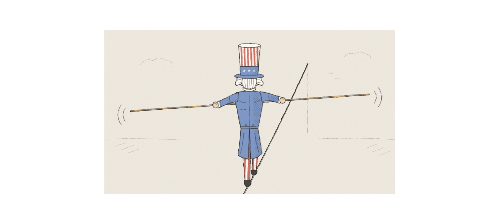 Uncle Sam, seen from behind, walking a tightrope with a balancing pole.